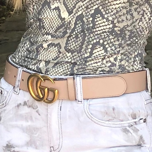 Leather belt with Double G buckle in dusty pink - Picture 2 of 3